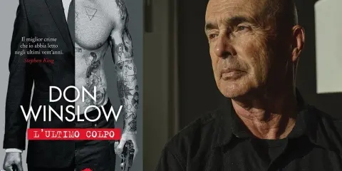Copertina di "L'ultimo colpo", l'ultimo libro di Don Winslow, con un uomo tatuato in giacca e cravatta e il ritratto dell'autore.