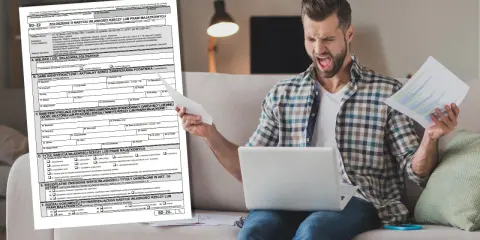 Mężczyzna z wściekłą miną trzyma dokumenty i laptopa, próbując zrozumieć formularz SD-Z2.
