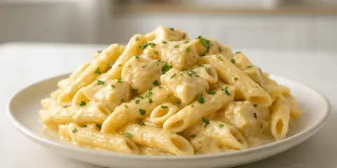 Penne w kremowym sosie śmietanowym, posypane natką pietruszki. Pyszne danie, które rozpływa się w ustach.