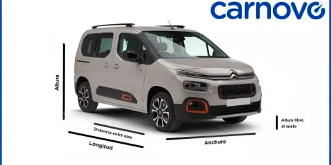 Vista frontal de Citroën Berlingo con anotaciones de medidas: altura, longitud, distancia entre ejes, anchura y altura libre al suelo.