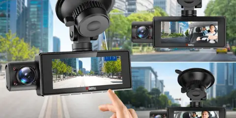 Kamera samochodowa z technologią sony starvis nagrywa drogę i wnętrze auta. Widok miasta i kierowcy.