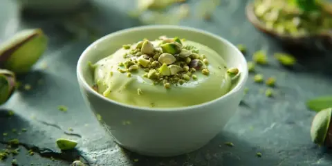 Crème anglaise pistache onctueuse, garnie de pistaches concassées et de quelques pistaches entières. Un délice vert et gourmand.