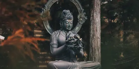 Posąg Buddy w medytacyjnej pozie, otoczony drzewami. Symbolizuje cykl życia i śmierci, buddyzm reinkarnacja.