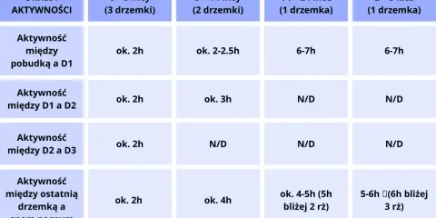 Tabela przedstawia przykładowy rytm dnia niemowlaka w zależności od wieku i liczby drzemek.