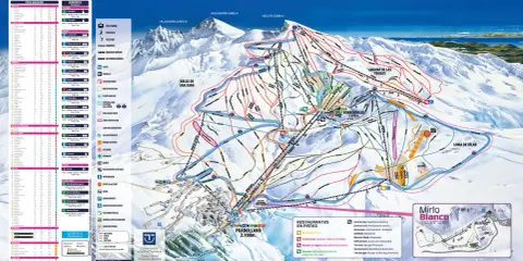 Pistenplan für die Skigebiete Spaniens: Sierra Nevada mit Höhenangaben, Pisten, Liften und Restaurants.