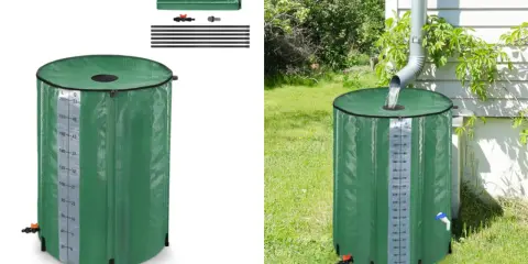 Barril verde para recoger agua de lluvia, con medidor de nivel y grifo. Ideal para el jardín.