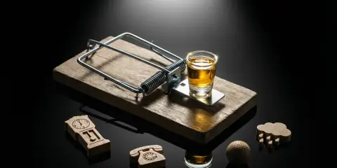Pułapka na myszy z kieliszkiem alkoholu, symbolizująca wyzwalacze alkoholowe. Obok zegar, telefon, chmura i piłka golfowa.
