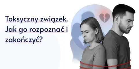 Para zgarbiona, związana sznurkiem, z pękniętym sercem w tle. Czy to toksyczny mąż? Jak rozpoznać i zakończyć taki związek?