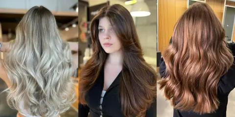 Trzy kobiety prezentują efektowne cieniowanie włosów: blond, brąz i rudy.