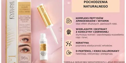 Złote serum do rzęs i brwi Eveline z aplikatorem i opakowaniem, porównanie przed i po.