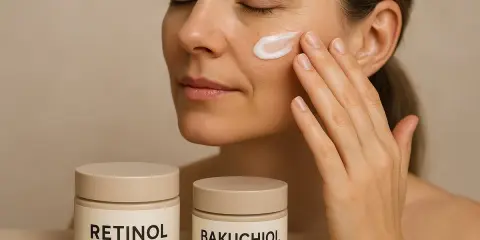 Kvinna applicerar kräm på ansiktet. Två burkar syns, en märkt "Retinol" och en "Bakuchiol". Vissa kan uppleva retinol biverkningar.