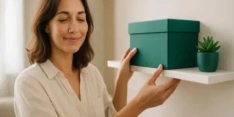 Donna sorride mentre sistema una scatola verde su una mensola, allontanando la negatività in casa con un tocco di ordine e serenità.