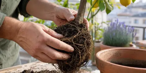 Mains tenant les racines d'un citronnier prêt à rempoter. Un pot en terre cuite et de la terre sont visibles.