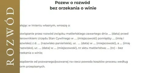 Dokument "Pozew o rozwód bez orzekania o winie" zawiera treść wniosku o rozwiązanie związku małżeńskiego.