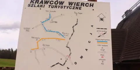 Mapa szlaków turystycznych Krawców Wierch. Pokazuje trasy do Hali Lipowskiej, Trzy Kopce, Glinki i Ujsoły.