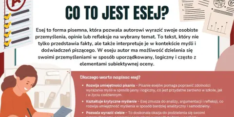 Dziewczynka pisze esej, ucząc się, jak napisać esej. Obok niej lista zadań z zaliczeniem A+.