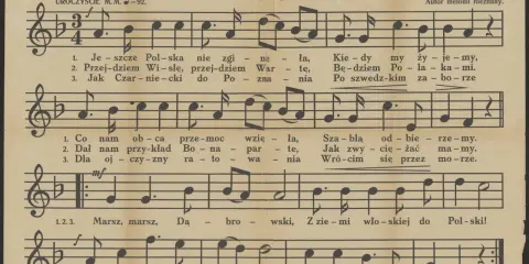 Hymn Polski - tekst oryginalny 6 zwrotek. Muzyka i słowa Józefa Wybickiego. "Marsz, marsz, Dąbrowski...