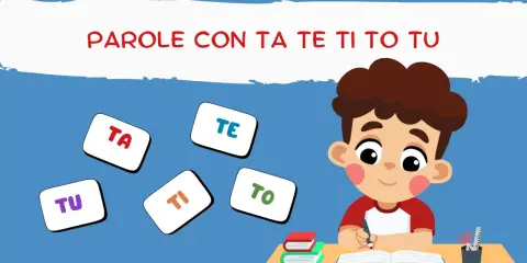 Un bambino impara parole con ta, te, ti, to, tu. Le sillabe fluttuano intorno a lui.