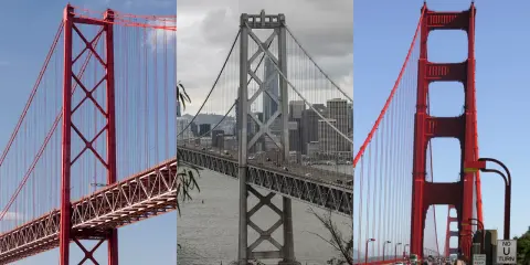Comparación visual: el rojo vibrante del puente 25 de abril de Lisboa contrasta con el gris del puente de la Bahía de San Francisco y el icónico rojo del Golden Gate.