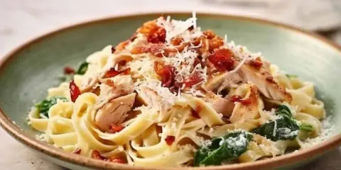 Pyszne makaron ze szpinakiem i kurczakiem, posypany parmezanem i chrupiącym boczkiem. Idealny obiad!