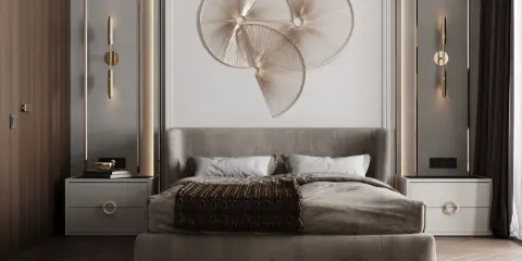 Un'installazione artistica dorata e moderna, perfetta cosa mettere sopra la testata del letto per un tocco di eleganza.