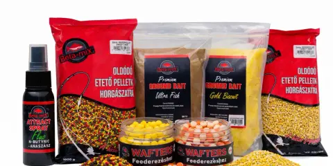 Zestaw zanęt Dynamite Baits: pellet, ground bait, spray i waftersy. Idealne do połowu ryb.
