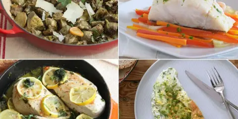 Cuatro platos deliciosos y comidas fáciles de hacer: alcachofas, pescado con verduras, pollo al limón y tortilla.