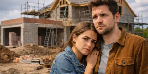 Un couple inquiet devant sa maison en construction dans les bois.