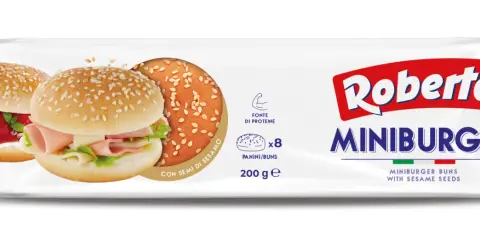 Opakowanie bułek do mini burgerów Roberto z sezamem, z widocznymi dwoma przykładowymi mini burgerami.