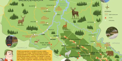 Mapa Bieszczadów z zaznaczonymi szlakami, schroniskami i zwierzętami. Tu zaczynają się bieszczady, pełne dzikiej przyrody i pięknych widoków.