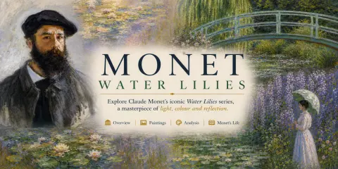 Claude Monet's "le bassin aux nymphéas" (water lily pond) is explored, featuring the artist's portrait, a Japanese bridge, and a woman with an umbrella amidst wisteria.