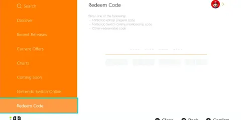 Ekran Nintendo Switch z opcją "Redeem Code" (Zrealizuj kod). Można tu wpisać kod Nintendo eShop, członkostwa Nintendo Switch Online lub inny.