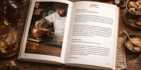 Ein Koch bereitet etwas in einem Kupfertopf zu, während ein Buch über die richtige trinktemperatur whisky daneben liegt.