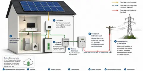 Maison avec panneaux solaires, onduleur, batterie physique et option de batterie virtuelle. Le surplus d'électricité est stocké ou injecté sur le réseau.
