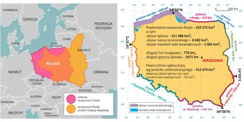 Mapa Europy z zaznaczoną Polską. Pokazuje obecne terytorium Polski i obszar przed II wojną światową.