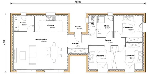 Plan de maison simple avec séjour-salon, cuisine, cellier, entrée, WC, S.Eau, et trois chambres.