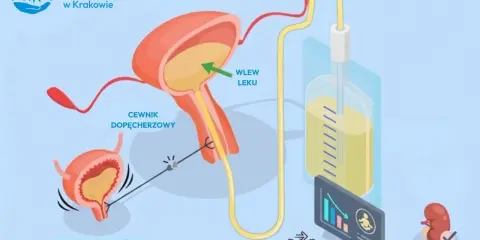 Ilustracja przedstawia pęcherz neurogenny (nadreaktywny) i sposób jego leczenia. Wlew leku przez cewnik dopęcherzowy zapewnia ochronę nerek.