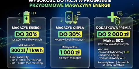 Dofinansowanie do fotowoltaiki: magazyn energii do 30% kosztów, magazyn ciepła do 30%, dodatkowa premia do 2000 zł.