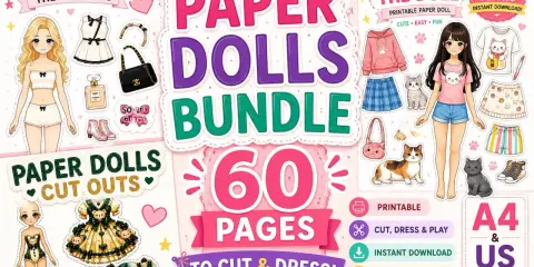 Paper dolls da stampare e colorare, un bundle di 60 pagine per creare e vestire bambole di carta con tanti outfit e accessori.