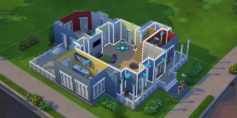 Widok domu z gry The Sims 4, z widocznymi modyfikacjami i zaznaczonymi elementami.