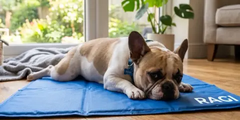 Francuski buldog Remi odpoczywa na niebieskiej macie chłodzącej, która pokazuje, jak działa mata chłodząca dla psa.