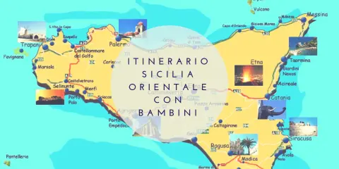 Mappa della Sicilia con itinerario di 7 giorni per famiglie. Include immagini di Etna, Taormina, Siracusa e templi greci.
