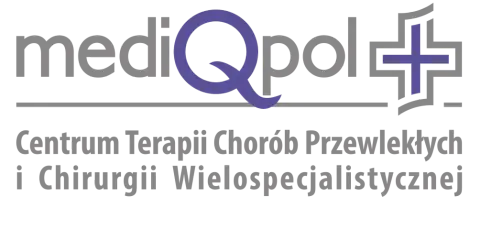 Logo "mediQpol" z symbolem krzyża i napisem "Centrum Terapii Chorób Przewlekłych i Chirurgii Wielo specja listycznej".