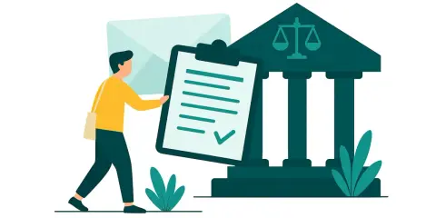 Mężczyzna z dokumentem przy sądzie pracy. Ilustracja pokazuje, jak napisać pozew do sądu pracy, z ikoną wagi sprawiedliwości.