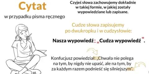 Dziewczyna z zeszytem i długopisem, ucząca się o mowie niezależnej i cytowaniu.