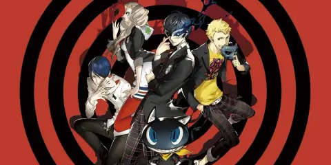 Postacie z gry Persona 5, która jest przykładem gatunku jrpg co to, pozują na tle czerwono-czarnych kręgów.