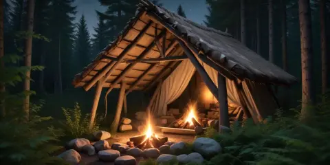 Mysigt vindskydd i skogen med två eldar som sprakar. Perfekt för att sova i vindskydd under en stjärnklar natt.