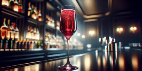 Elegancki kielich z musującym Kir Royale, w tle bar pełen butelek.