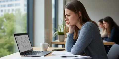 Zamyślona studentka przy laptopie, zastanawia się nad liczbą godzin praktyk na studiach. Dymek z kubka kawy unosi się w powietrzu.
