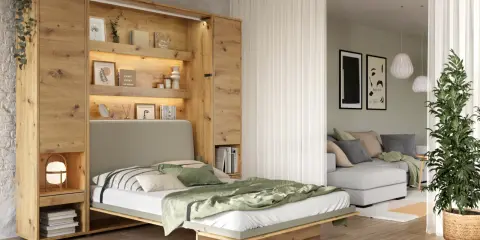 Idée pour comment aménager une chambre en longueur : un lit escamotable intégré dans une bibliothèque en bois, optimisant l'espace.